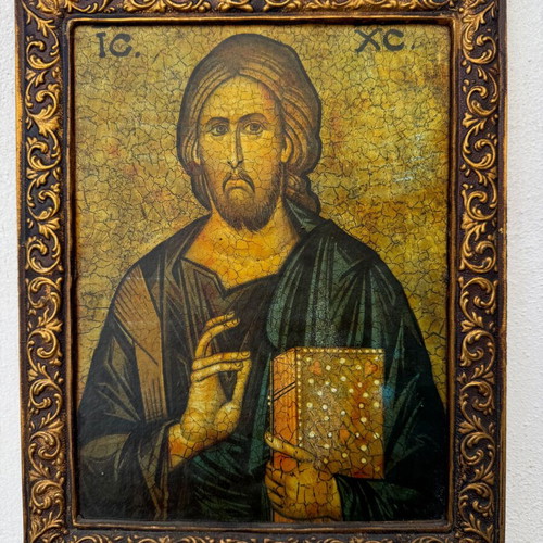 Vintage Byzantine Icon Jesus Christ Pantokrator used with Patina 28x23 cm