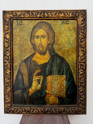 Vintage Βυζαντινή Εικόνα Ιησούς Χριστός Παντοκράτωρ μεταχειρισμένη με παλαίωση 28x23 εκ.