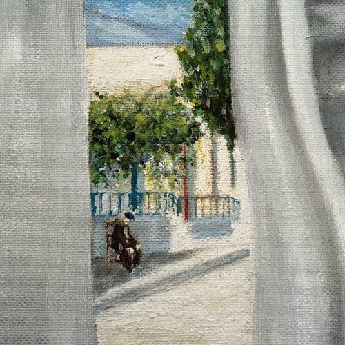 Oil painting used, Greek village scene by K.K. Konstantinou Kevga, 1980