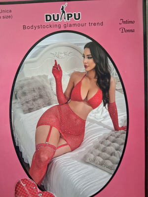 DUMPU Glamour Trend κόκκινο σετ bodystocking με στρας, one size