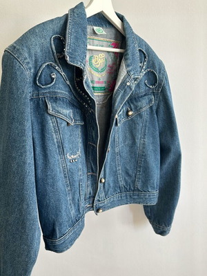 Vintage oversized denim jacket with shoulder pads and rhinestones
