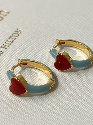 Heart hoop earrings new with gold finish and blue details