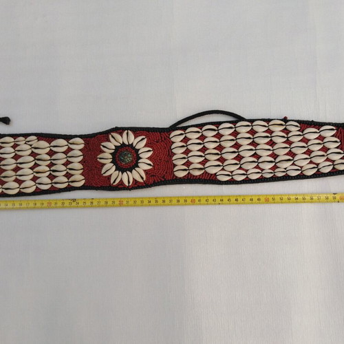 Vintage belt with cowrie shells adjustable, red, boho ethnic