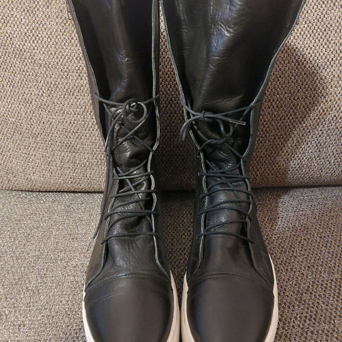 Leather Black Gladiator Boots Handmade Like New with White Sole