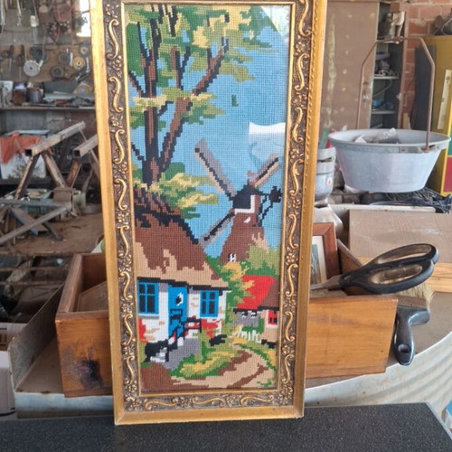 Embroidery framed, used, 22×47 cm, about 40 years old