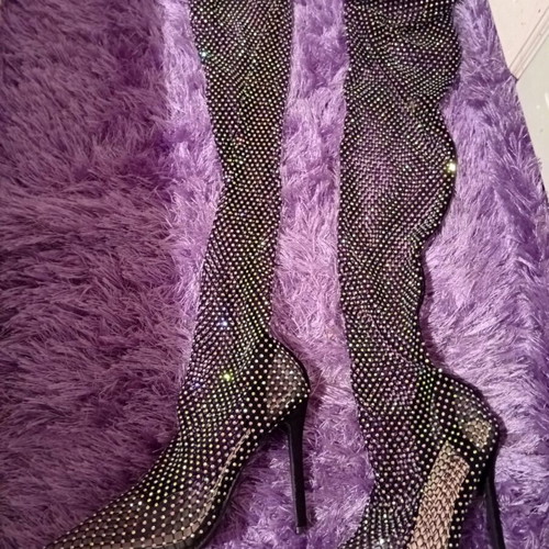 Knee-high boots new, size 39, mesh with rhinestones, 12cm heel