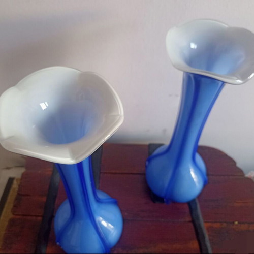 Vintage opaline vases used, set of 2, 29 cm height