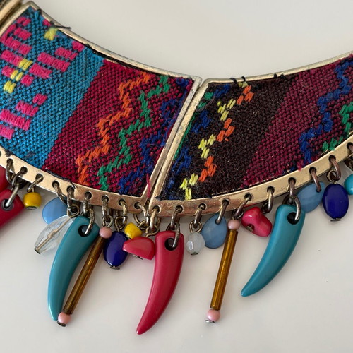 Boho Ethnic Statement Collar Necklace with Woven Fabric and Beads
