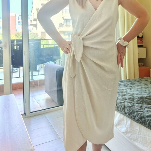 H&M midi dress with wrap front and V-neck, beige white