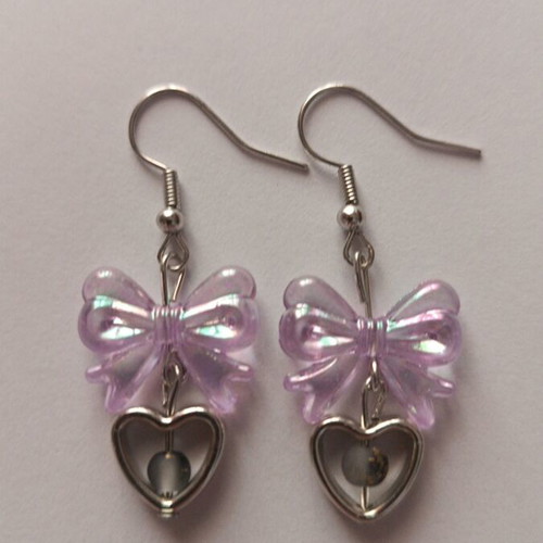 Earrings with purple bows and silver hearts new