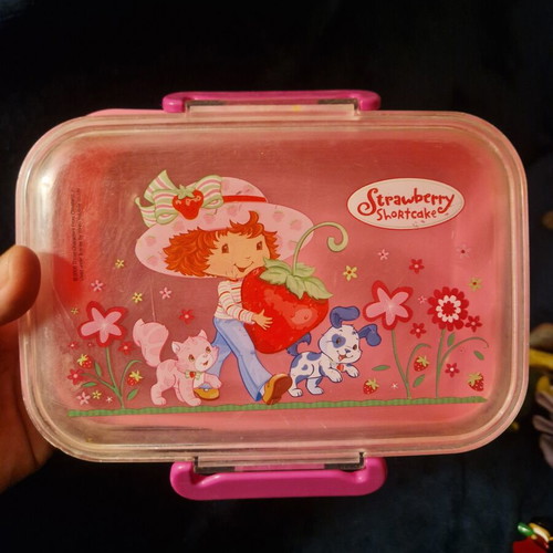 Strawberry Shortcake lunch box used, pink with transparent lid