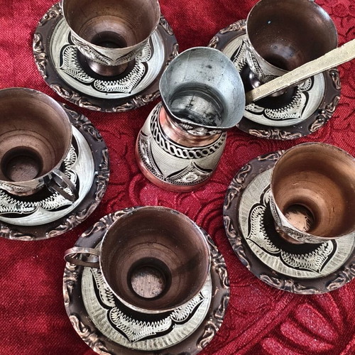Vintage Oriental Coffee Set, Copper with Engraved Design