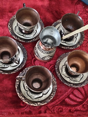 Vintage Oriental Coffee Set, Copper with Engraved Design