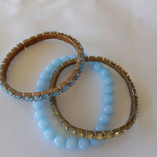 Bracelets pack of 3, blue and yellow on silver base