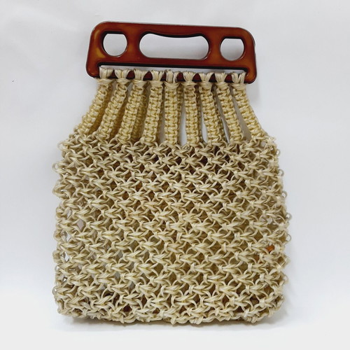 Hand-knotted nylon bag with vintage brown plastic handles, like new