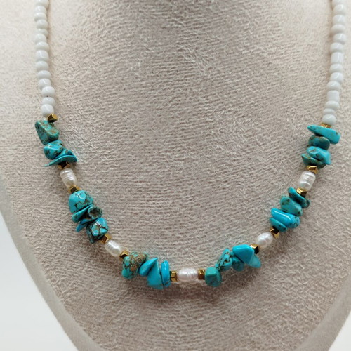 Handmade necklace with turquoise, pearl, hematite, glass, and stainless steel new
