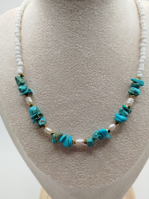 Handmade necklace with turquoise, pearl, hematite, glass, and stainless steel new