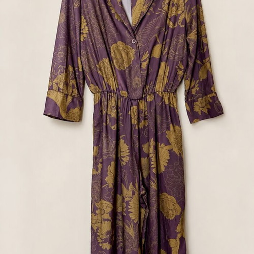 New Age floral jumpsuit S/M like new, purple with gold design
