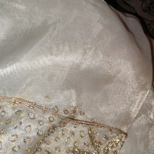Tablecloth used, gold organza silk from India hand embroidered