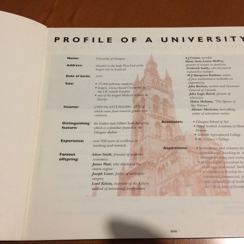 University of Glasgow Postgraduate Prospectus 1995 used, missing part of a page