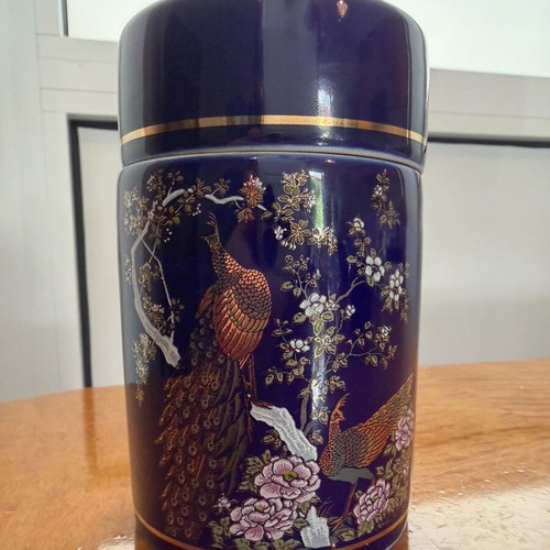Vintage Japanese porcelain set used, cobalt blue with peacocks
