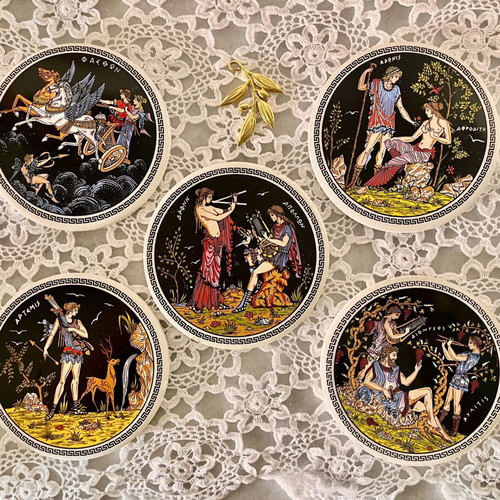 Ancient Greek mythology ceramic coasters used, set of 5