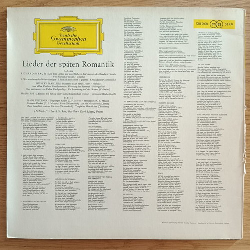 Dietrich Fischer-Dieskau Lieder der Spaten Romantik vinyl used, classical