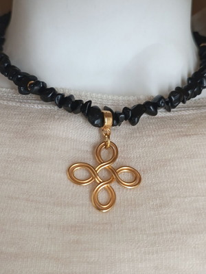Steel Necklace Gold-Plated Cross with Lava Stone Chip Beads New