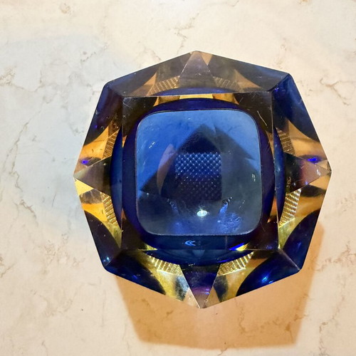 Vintage Murano Sommerso ashtray blue crystal used, heavy cut