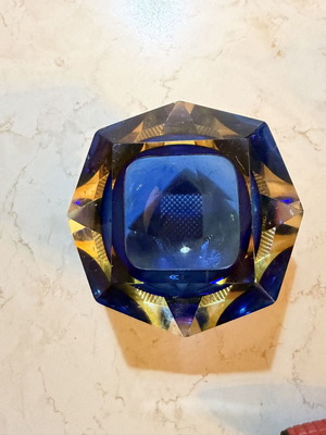 Vintage Murano Sommerso ashtray blue crystal used, heavy cut