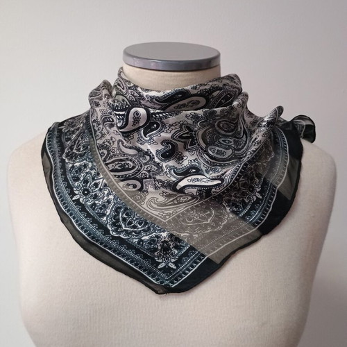 Silk square scarf used, black and white striped with elephants