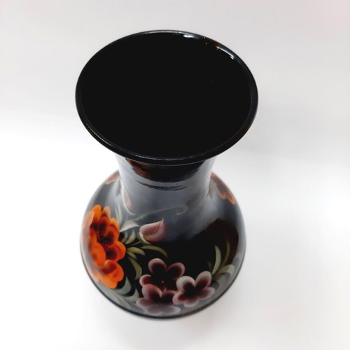 Vintage Korean Black Enamel Vase Steel Inlaid Flowers 23 cm