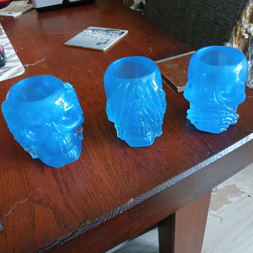 Set of 3 handmade skull-shaped tealight holders hear no evil, see no evil, speak no evil