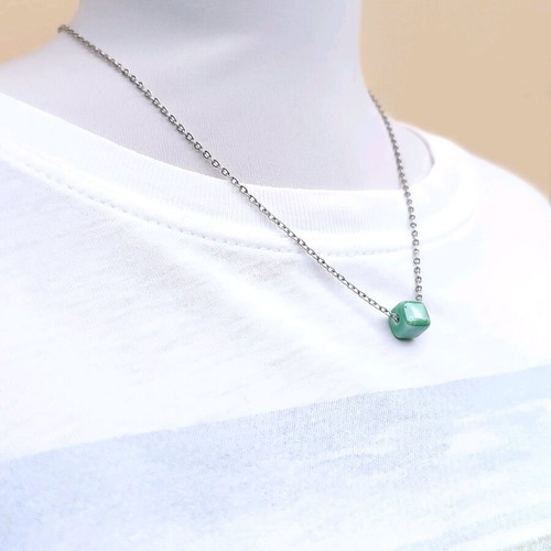 Steel chain necklace with light green ceramic cube bead pendant
