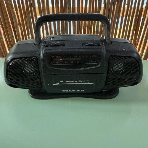 Vintage Silver Portable Radio used, 1990s boombox style