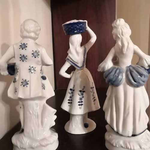 Porcelain figurines Rococo style set of 3 like new, white and blue with gold accents
