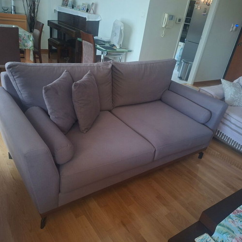 Factory Sofa 3-seater sofa, dark beige fabric, walnut wood finish