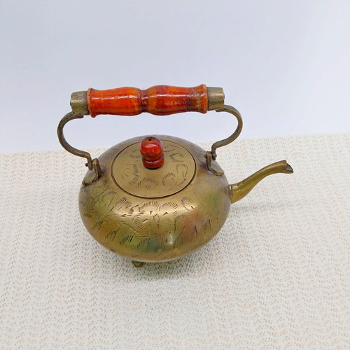 Vintage brass decorative teapot with wooden handle used, England