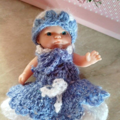 Doll with handmade dress and hat new, 10 cm