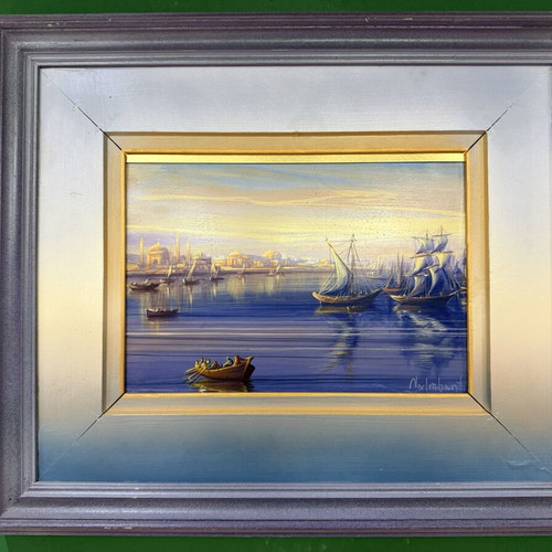 D. Nalbantis oil painting with wooden frame, view of Constantinople