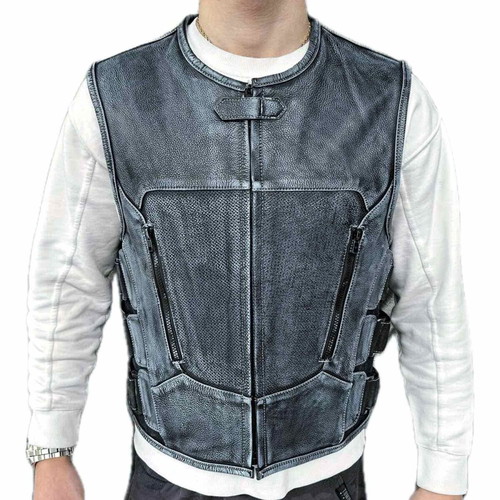 Leather motorcycle vest Retro Gray Motomall new, gray