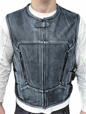 Leather motorcycle vest Retro Gray Motomall new, gray