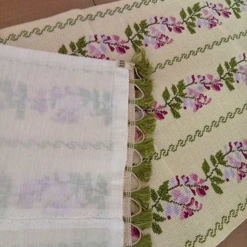Handmade counted cross-stitch table runner with lining, 85x35 cm
