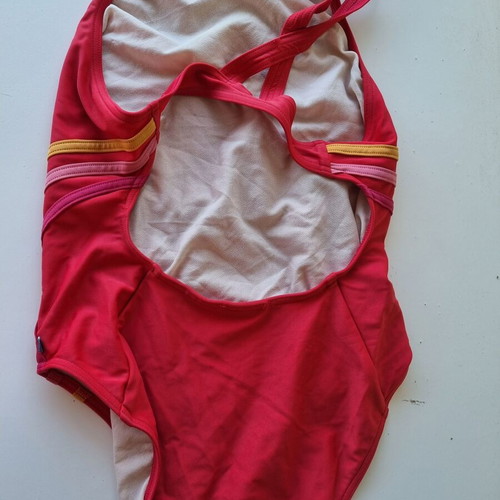 Adidas red one-piece sports swimsuit with yellow and pink stripes
