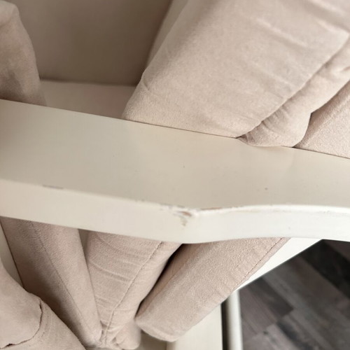 Rocking nursing chair like new, white wooden frame, beige fabric