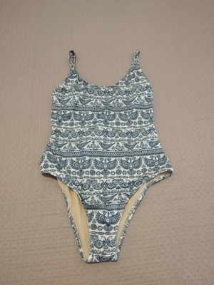 Vinge Project women's one-piece swimsuit like new, open back, white and blue