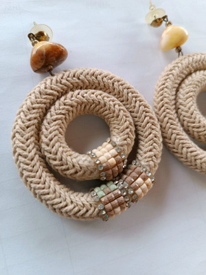 Handmade large earrings from sisal rope with crystals and semi-precious stone new
