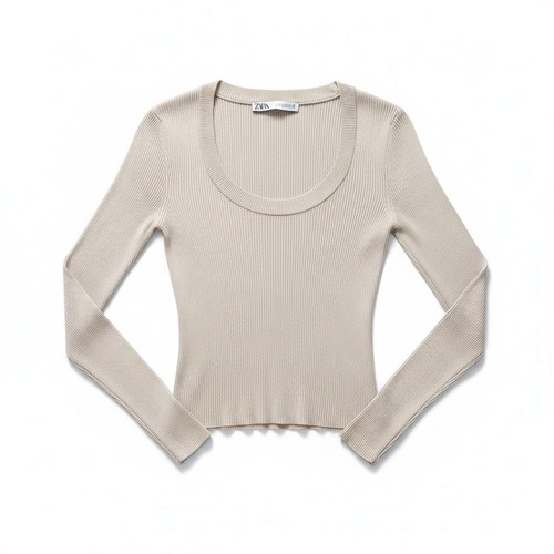 Zara Beige Ribbed Long Sleeve Top Size S like new
