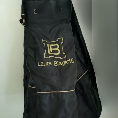 Laura Biagiotti shoulder bag used, black satin with gold logo