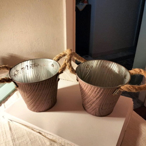 Metal flower pots used, pink-lilac color, set of 2